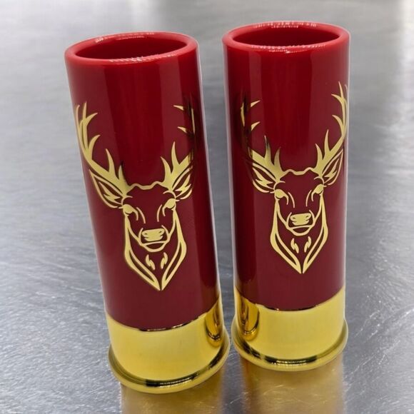 Gift Box Set 12 Gauge Shotgun Shell Red Shot Glasses Gold Deer Novelty Barware - Picture 9 of 13